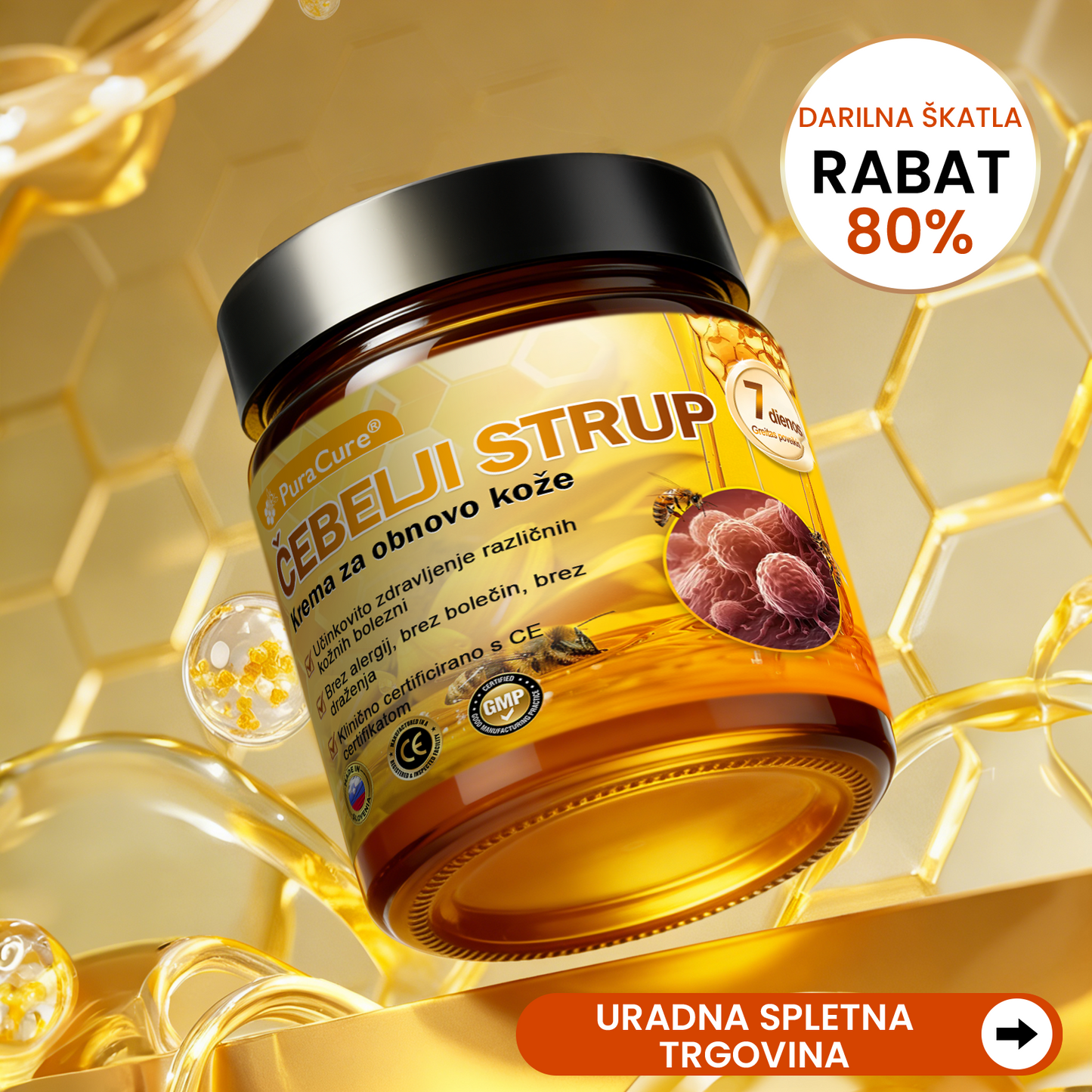 PuraCure® Krema za obnovo kože z čebeljim strupom | 50 ml | Priporočeno češko dermatovenerološko društvo